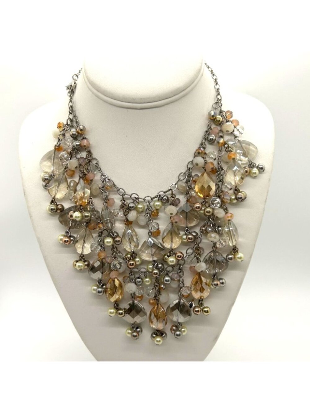 Ann Taylor Loft Bibbed Necklace Statement Glass, Faux Pearl Beads Silver-tone - Picture 2 of 10